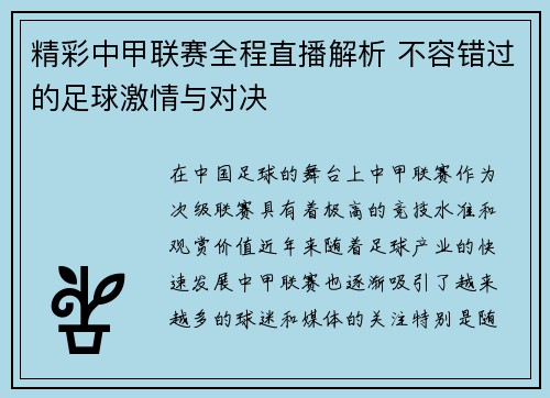 精彩中甲联赛全程直播解析 不容错过的足球激情与对决