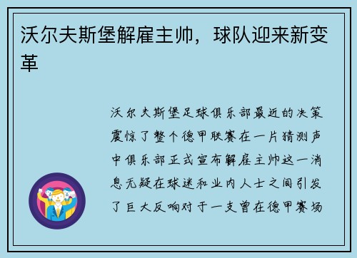 沃尔夫斯堡解雇主帅，球队迎来新变革