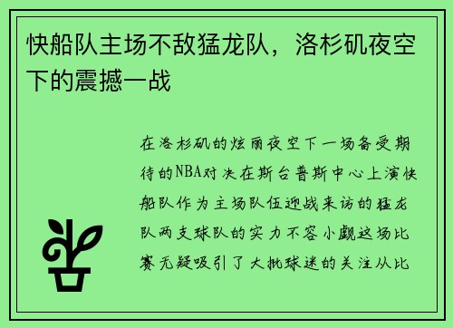 快船队主场不敌猛龙队，洛杉矶夜空下的震撼一战